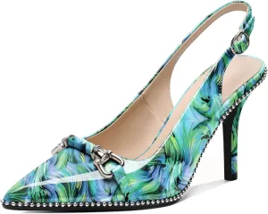 AUMOTED Women Beaded Pumps Slingback High Heel Stilettos Pointed Toe Shoes Slip On 3.5 Inch Ankle Strap Adjustable Patent Leather US Size 5-13