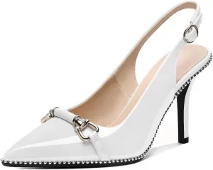 AUMOTED Women Beaded Pumps Slingback High Heel Stilettos Pointed Toe Shoes Slip On 3.5 Inch Ankle Strap Adjustable Patent Leather US Size 5-13