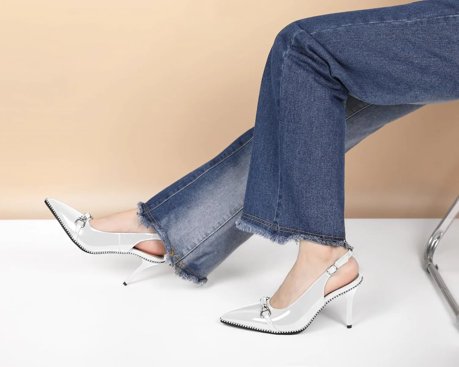 AUMOTED Women Beaded Pumps Slingback High Heel Stilettos Pointed Toe Shoes Slip On 3.5 Inch Ankle Strap Adjustable Patent Leather US Size 5-13