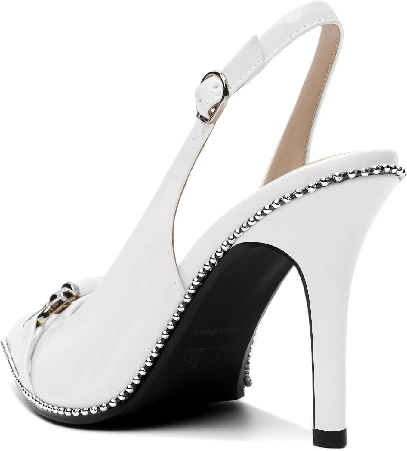 AUMOTED Women Beaded Pumps Slingback High Heel Stilettos Pointed Toe Shoes Slip On 3.5 Inch Ankle Strap Adjustable Patent Leather US Size 5-13