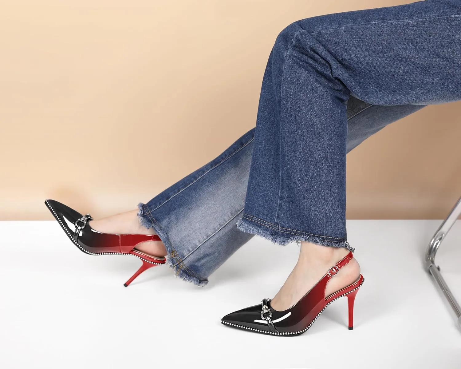 AUMOTED Women Beaded Pumps Slingback High Heel Stilettos Pointed Toe Shoes Slip On 3.5 Inch Ankle Strap Adjustable Patent Leather US Size 5-13