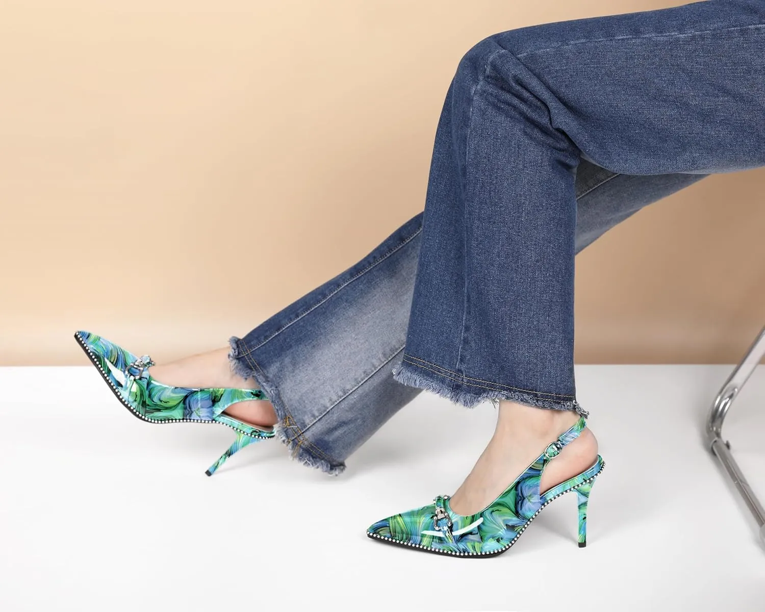 AUMOTED Women Beaded Pumps Slingback High Heel Stilettos Pointed Toe Shoes Slip On 3.5 Inch Ankle Strap Adjustable Patent Leather US Size 5-13