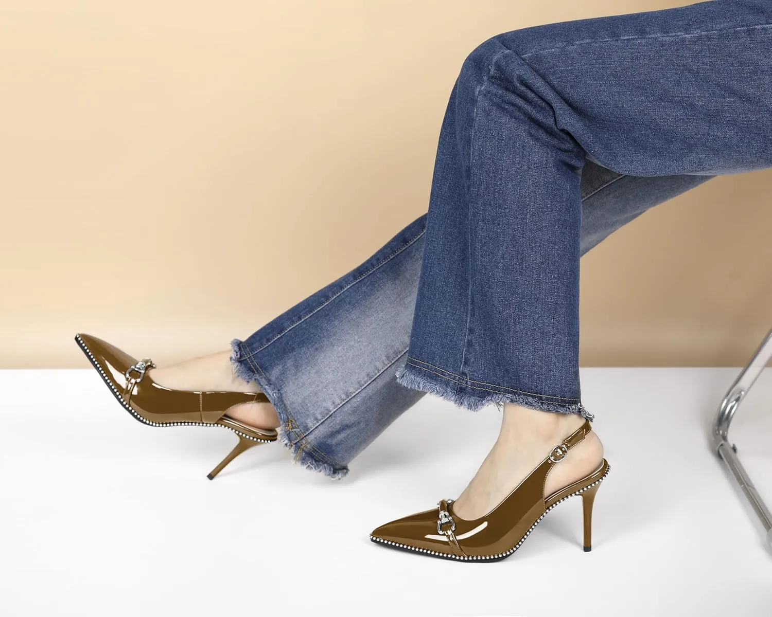 AUMOTED Women Beaded Pumps Slingback High Heel Stilettos Pointed Toe Shoes Slip On 3.5 Inch Ankle Strap Adjustable Patent Leather US Size 5-13