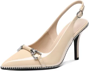 AUMOTED Women Beaded Pumps Slingback High Heel Stilettos Pointed Toe Shoes Slip On 3.5 Inch Ankle Strap Adjustable Patent Leather US Size 5-13