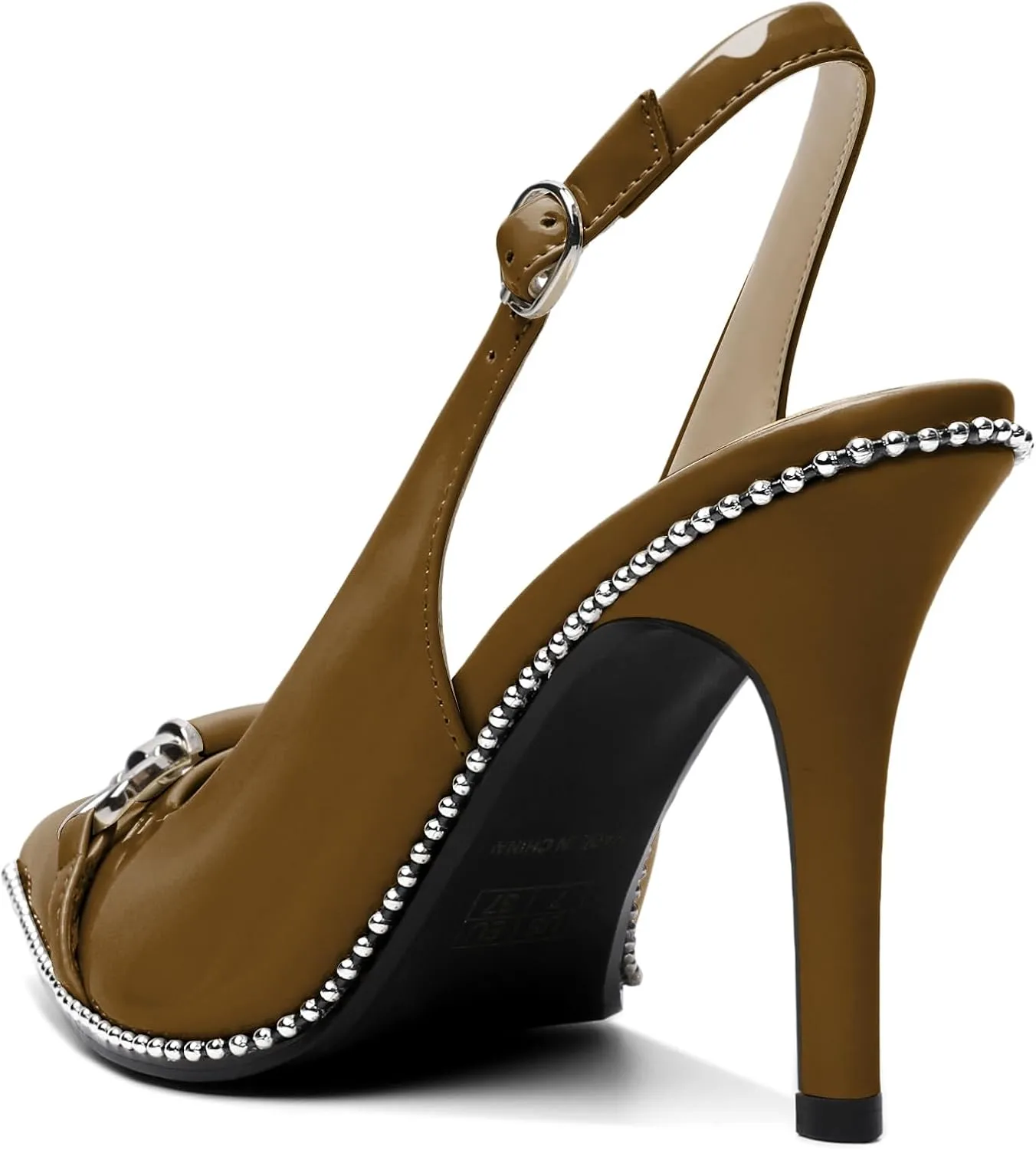 AUMOTED Women Beaded Pumps Slingback High Heel Stilettos Pointed Toe Shoes Slip On 3.5 Inch Ankle Strap Adjustable Patent Leather US Size 5-13