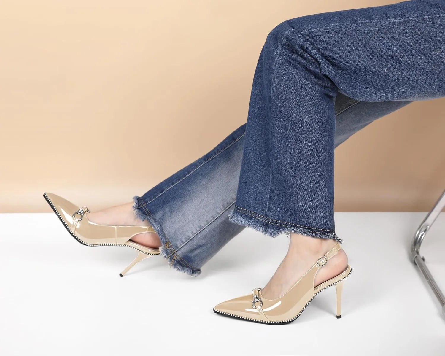 AUMOTED Women Beaded Pumps Slingback High Heel Stilettos Pointed Toe Shoes Slip On 3.5 Inch Ankle Strap Adjustable Patent Leather US Size 5-13
