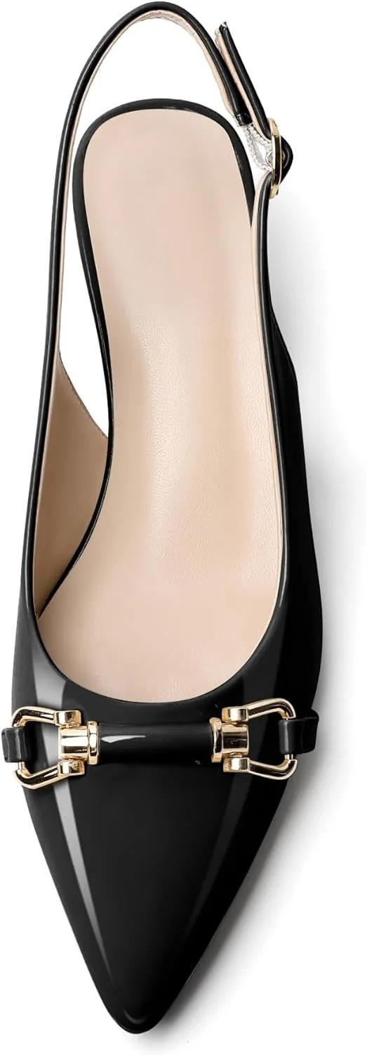 AUMOTED Women Kitten Slingback Low Heel Pumps Pointed Toe with Buckle Bow Ankle Strap Dress Shoes for Office Party Wedding 1.6 Inch
