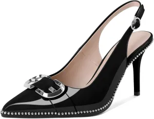 AUMOTED Women Slingback Heels Stilettos High Heel Beaded Pumps Pointed Toe 3.5 Inch Heels
