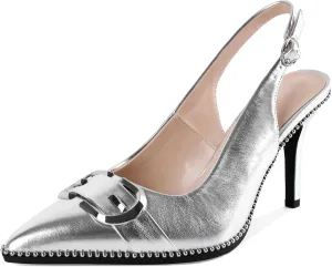 AUMOTED Women Slingback Heels Stilettos High Heel Beaded Pumps Pointed Toe 3.5 Inch Heels