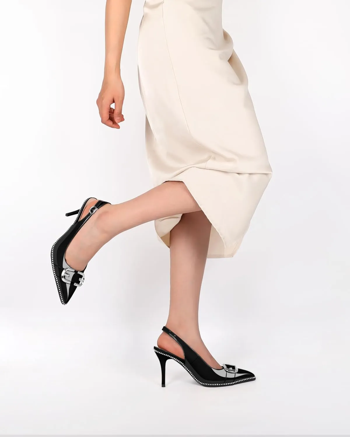 AUMOTED Women Slingback Heels Stilettos High Heel Beaded Pumps Pointed Toe 3.5 Inch Heels