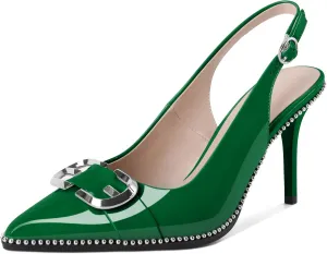 AUMOTED Women Slingback Heels Stilettos High Heel Beaded Pumps Pointed Toe 3.5 Inch Heels