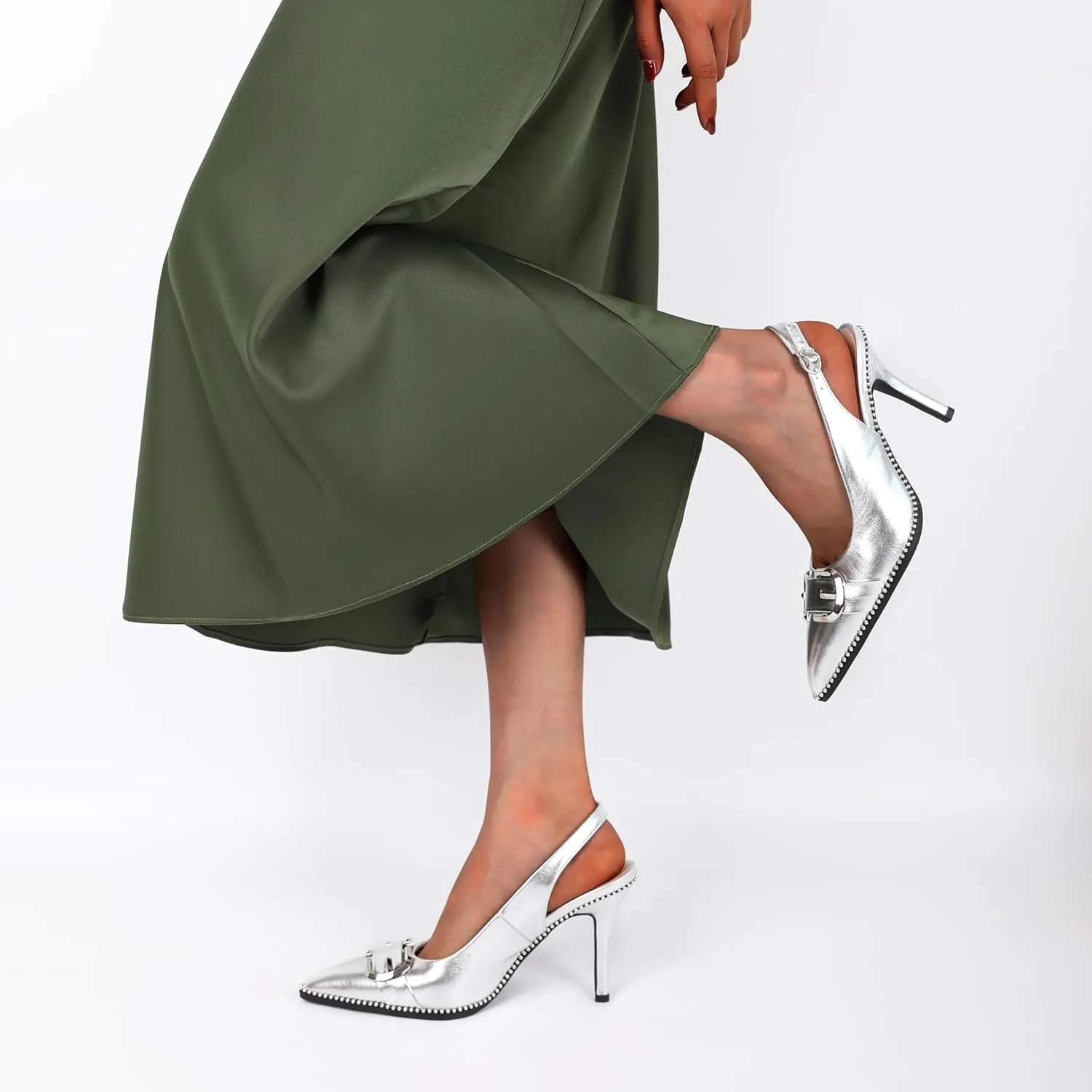 AUMOTED Women Slingback Heels Stilettos High Heel Beaded Pumps Pointed Toe 3.5 Inch Heels