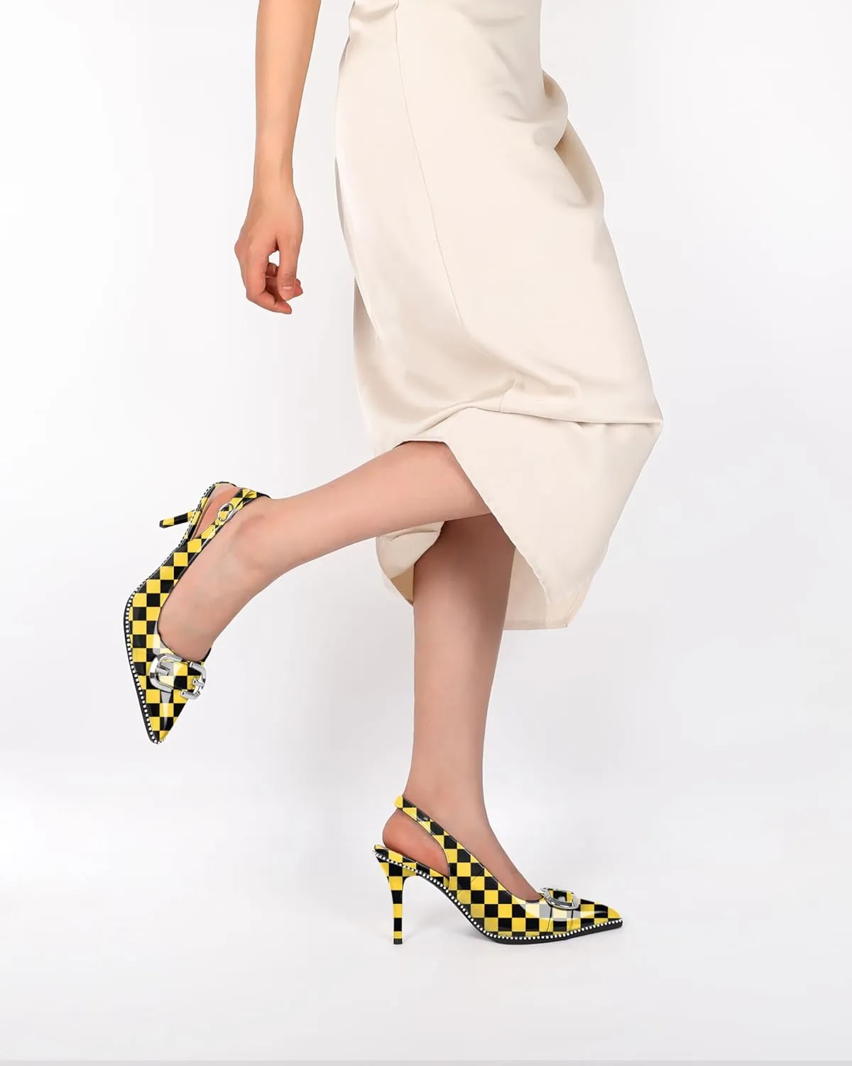 AUMOTED Women Slingback Heels Stilettos High Heel Beaded Pumps Pointed Toe 3.5 Inch Heels