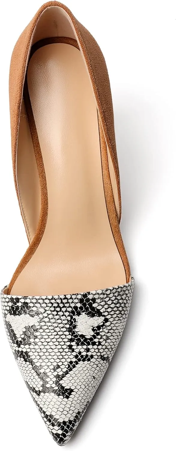 AUMOTED Women Stiletto Heels Snakeskin Slip On Pointed Toe Pumps Closed Toe High Heel Dress Shoes for Wedding Party Offie 3.4 Inch