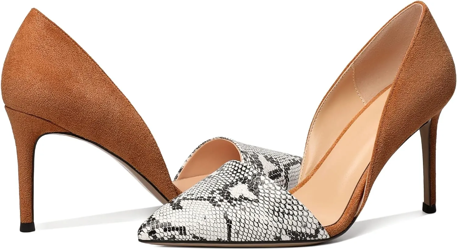 AUMOTED Women Stiletto Heels Snakeskin Slip On Pointed Toe Pumps Closed Toe High Heel Dress Shoes for Wedding Party Offie 3.4 Inch