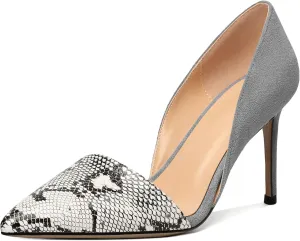 AUMOTED Women Stiletto Heels Snakeskin Slip On Pointed Toe Pumps Closed Toe High Heel Dress Shoes for Wedding Party Offie 3.4 Inch