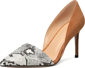 AUMOTED Women Stiletto Heels Snakeskin Slip On Pointed Toe Pumps Closed Toe High Heel Dress Shoes for Wedding Party Offie 3.4 Inch