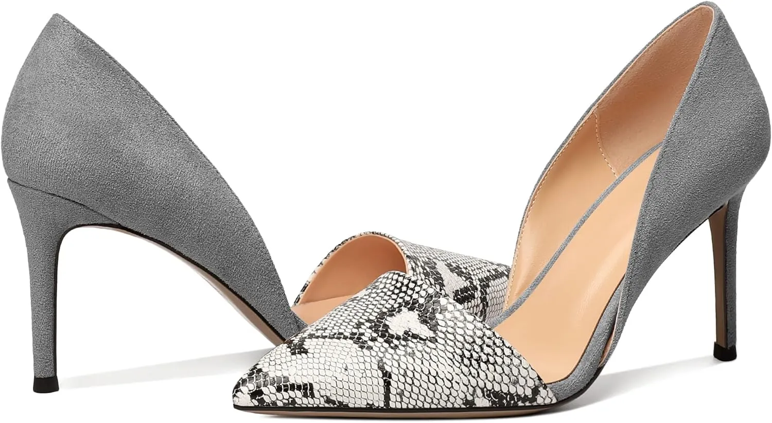 AUMOTED Women Stiletto Heels Snakeskin Slip On Pointed Toe Pumps Closed Toe High Heel Dress Shoes for Wedding Party Offie 3.4 Inch