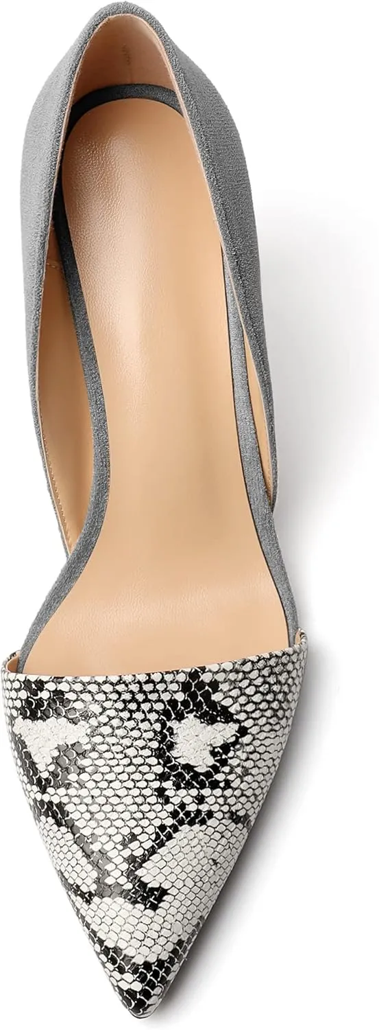 AUMOTED Women Stiletto Heels Snakeskin Slip On Pointed Toe Pumps Closed Toe High Heel Dress Shoes for Wedding Party Offie 3.4 Inch