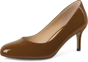 AUMOTED Women Stiletto Low Mid Heel Pumps Solid Closed Round Toe Heeled Patent Ladies Office Classic Dress Shoes 2.5 Inches