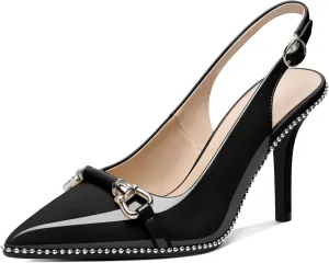 AUMOTED Women's Beaded Pumps Slingback High Heel Pointed Toe Slip On 3.5 Inch Stilettos Ankle Strap Adjustable Buckle Patent Leather Black US Size 7