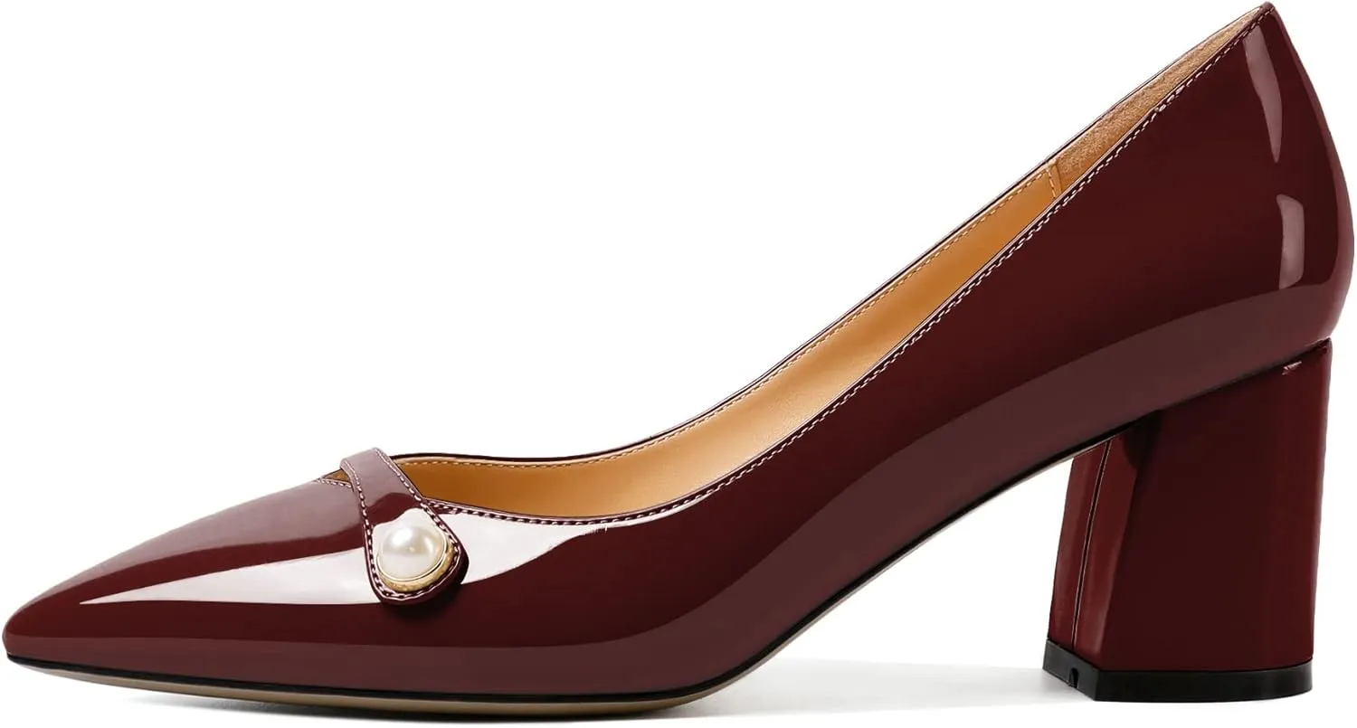 AUMOTED Women's Chunky Block Heel Pumps Pointed Toe Slip On Chunky Pearl Heels Ladies Work Office Dress Shoes 2.5 Inches