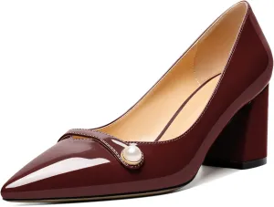 AUMOTED Women's Chunky Block Heel Pumps Pointed Toe Slip On Chunky Pearl Heels Ladies Work Office Dress Shoes 2.5 Inches