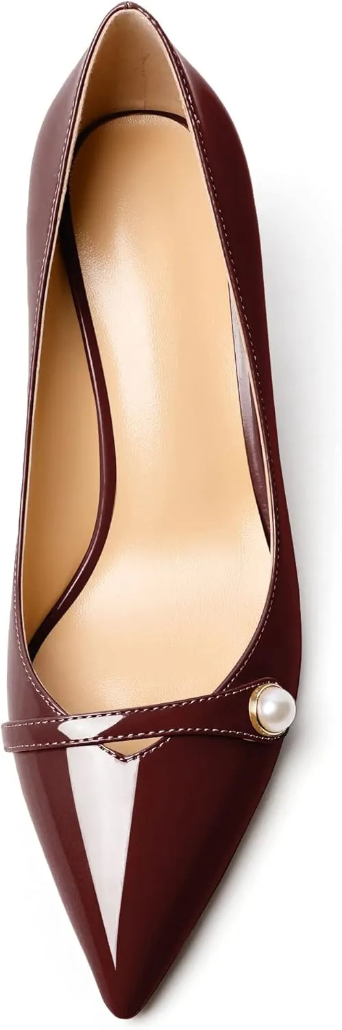 AUMOTED Women's Chunky Block Heel Pumps Pointed Toe Slip On Chunky Pearl Heels Ladies Work Office Dress Shoes 2.5 Inches