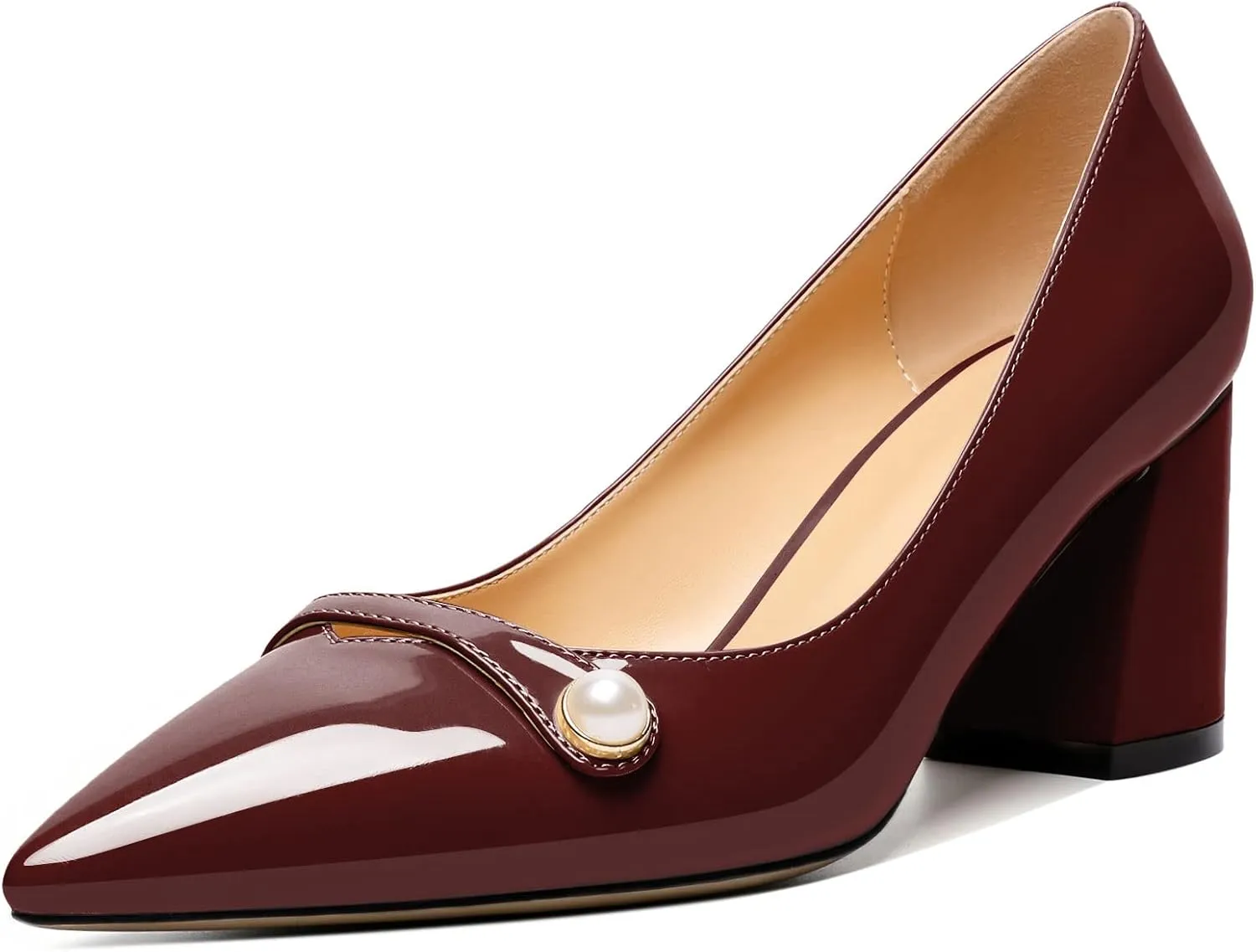 AUMOTED Women's Chunky Block Heel Pumps Pointed Toe Slip On Chunky Pearl Heels Ladies Work Office Dress Shoes 2.5 Inches