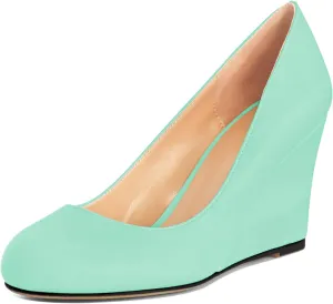 AUMOTED Women's Wedges Heel Pumps Solid Solid Closed Round Toe Wedge Pumps Slip On 3.5 Inch Wedge Suede Heels for Dress Working Evening