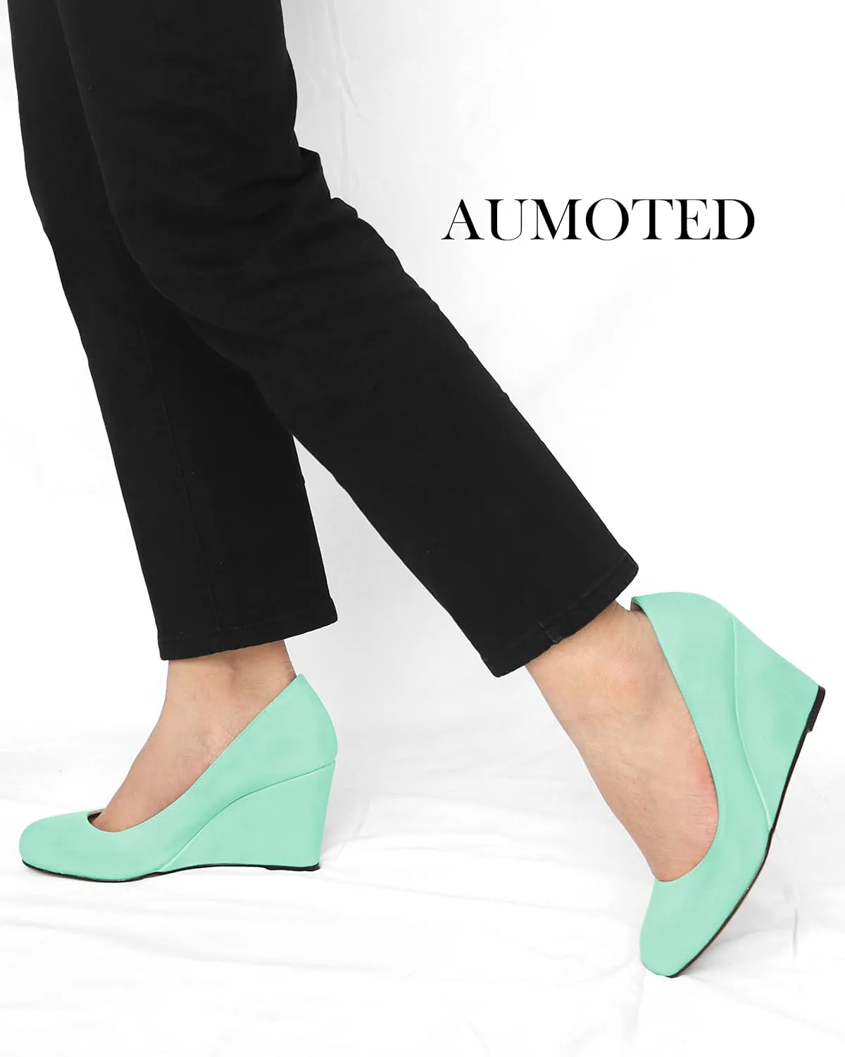 AUMOTED Women's Wedges Heel Pumps Solid Solid Closed Round Toe Wedge Pumps Slip On 3.5 Inch Wedge Suede Heels for Dress Working Evening