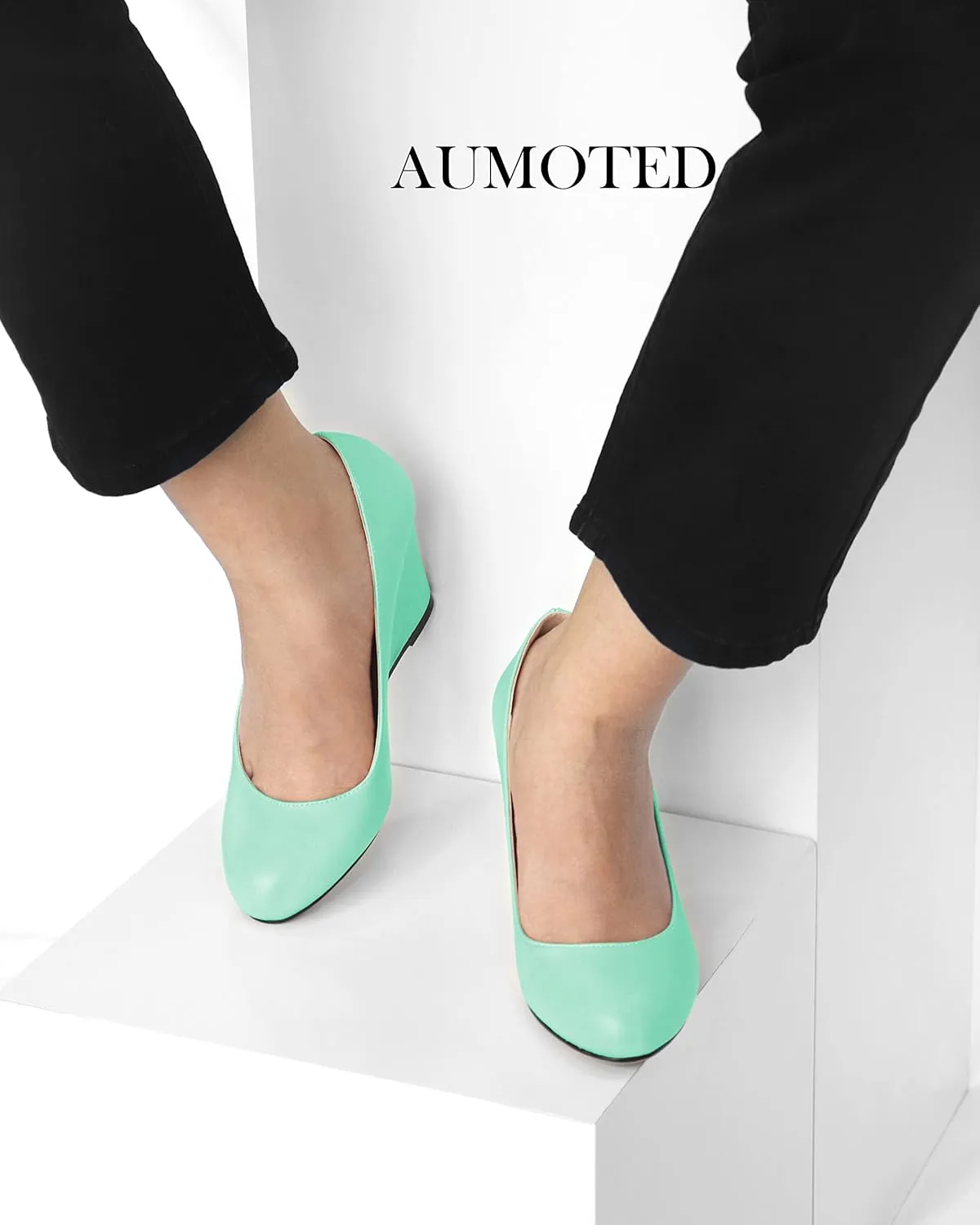 AUMOTED Women's Wedges Heel Pumps Solid Solid Closed Round Toe Wedge Pumps Slip On 3.5 Inch Wedge Suede Heels for Dress Working Evening