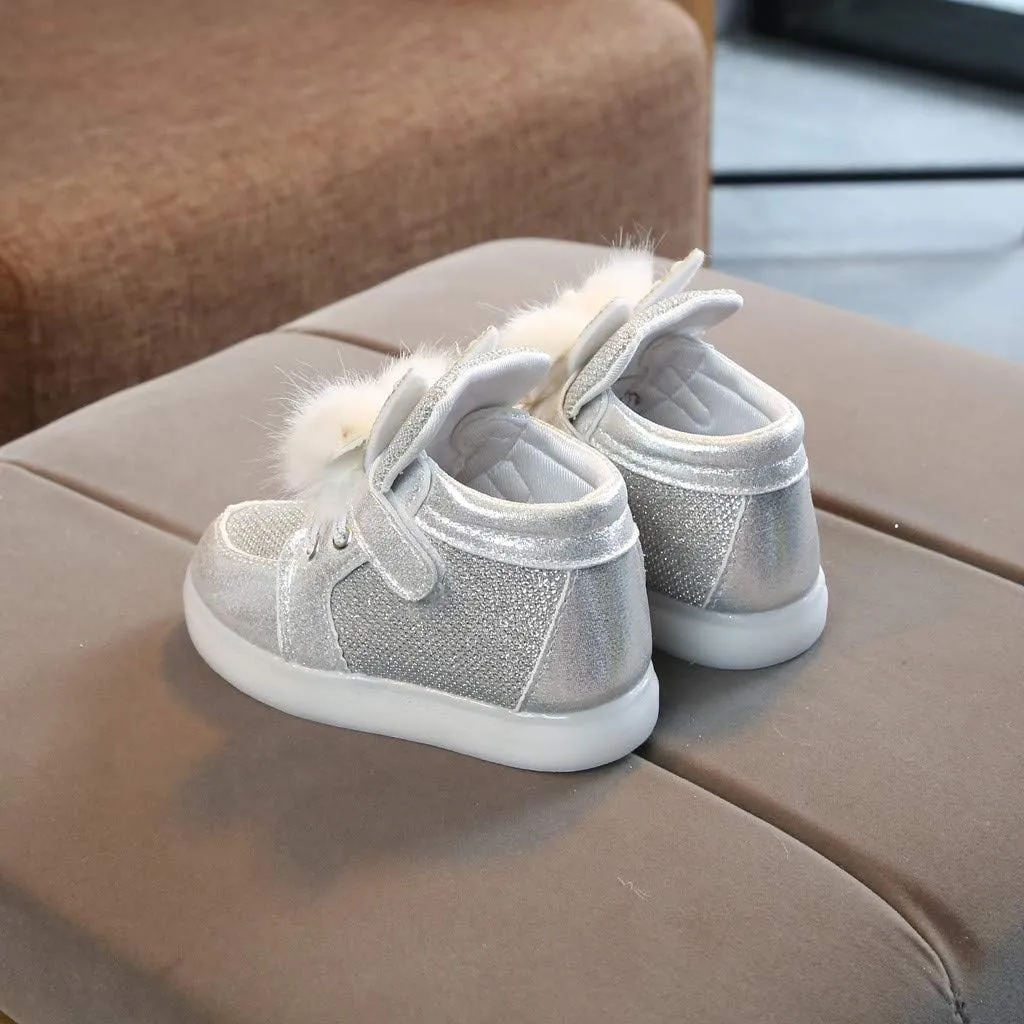 Baby Flat Shoes Toddler Girls Fall Winter LED Luminous Boots Shoes Bunny Ears Sneaker Warm Anti-Slip Single Shoes Silver
