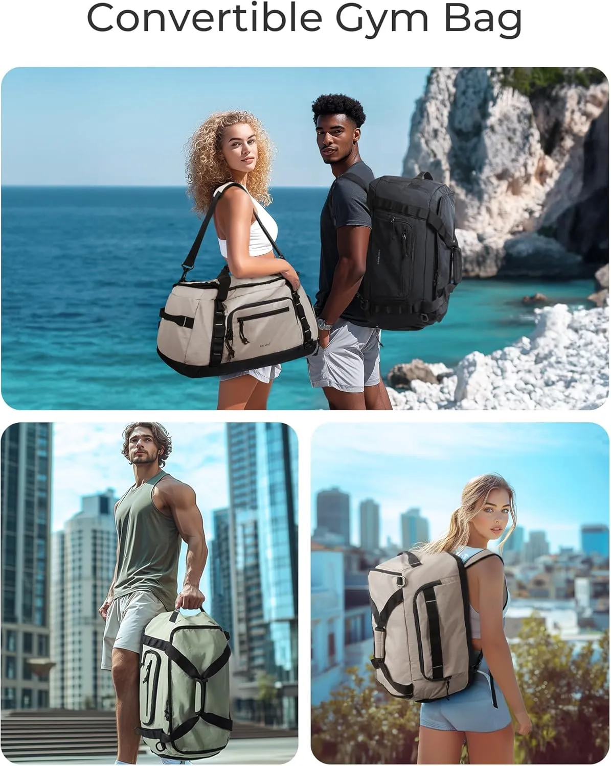 BAGSMART Gym Backpack for Sports/Pool/Beach/Weekend, 4-in-1 Convertible Travel Duffle Bag with Shoes Compartment & Wet Pocket, 38L Gym Bag for Men Women, Camel