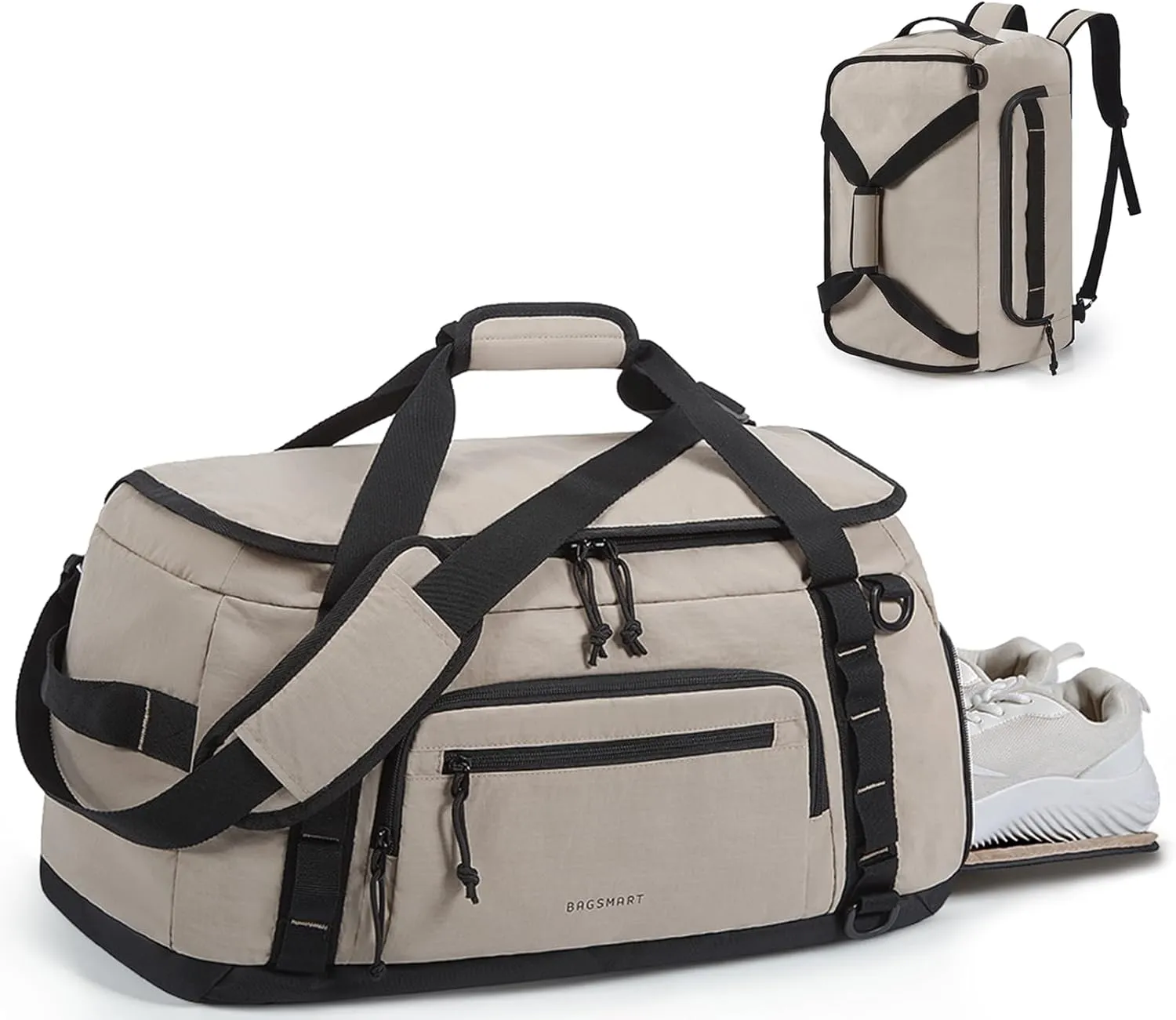 BAGSMART Gym Backpack for Sports/Pool/Beach/Weekend, 4-in-1 Convertible Travel Duffle Bag with Shoes Compartment & Wet Pocket, 38L Gym Bag for Men Women, Camel