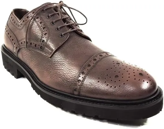 Baldinini Men's Brown Leather Oxford Dress Shoes, Cap Toe Brogue, Lug Sole