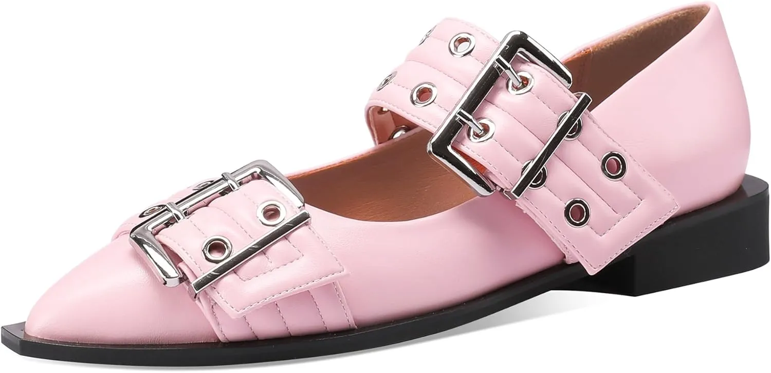 Ballerina Flats for Women Pointed Toe Flats With Studs Buckle Ballet Flats Comfortable low heeled flats