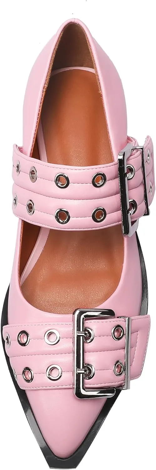 Ballerina Flats for Women Pointed Toe Flats With Studs Buckle Ballet Flats Comfortable low heeled flats