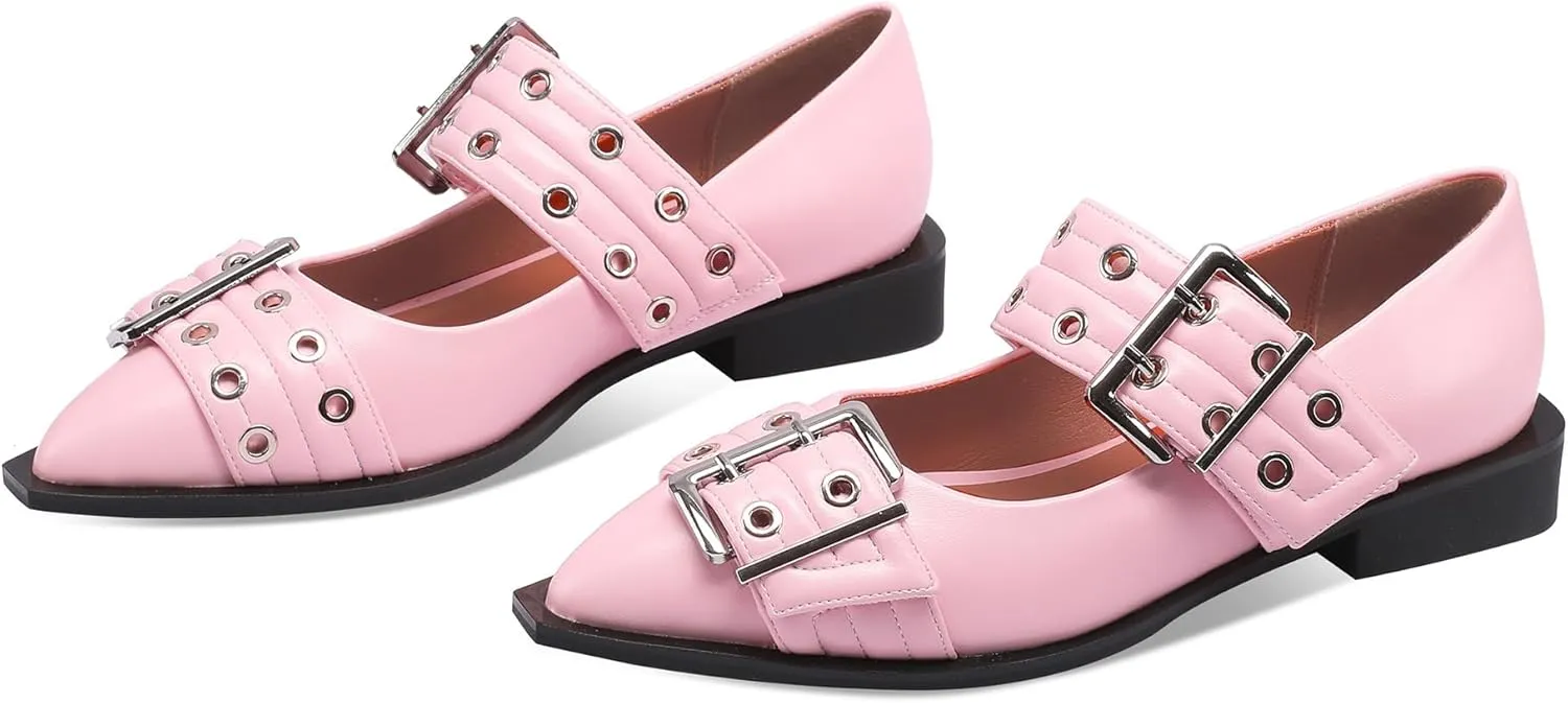 Ballerina Flats for Women Pointed Toe Flats With Studs Buckle Ballet Flats Comfortable low heeled flats