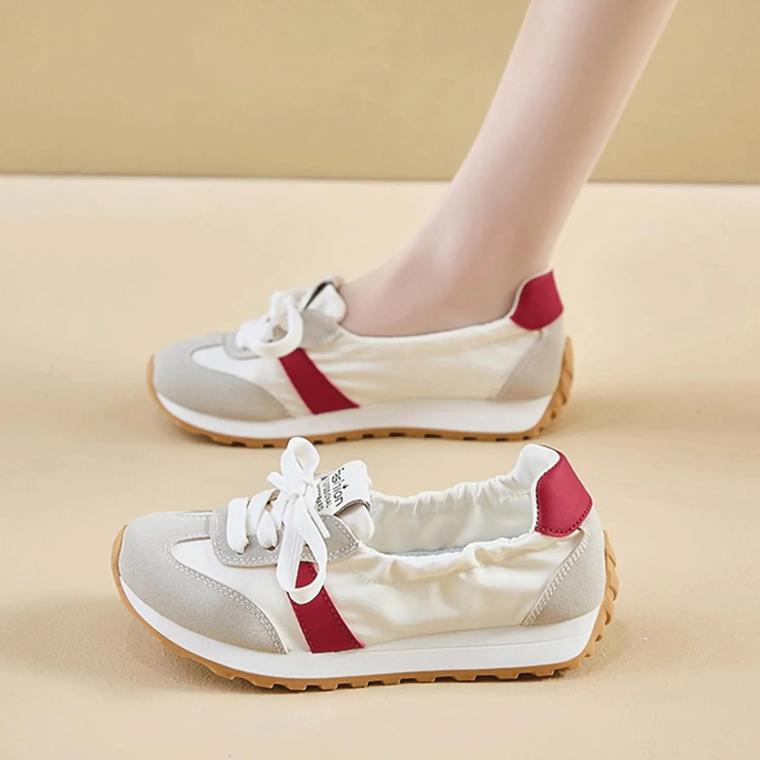 Ballet Sneakers for Woman Leather Trendy Wide Box Lace Up Ballerina Shoes Chunky Platform Heels Fancy Sporty Running Walking Ballet Shoes 2025 Spring Summer Casual Comfy