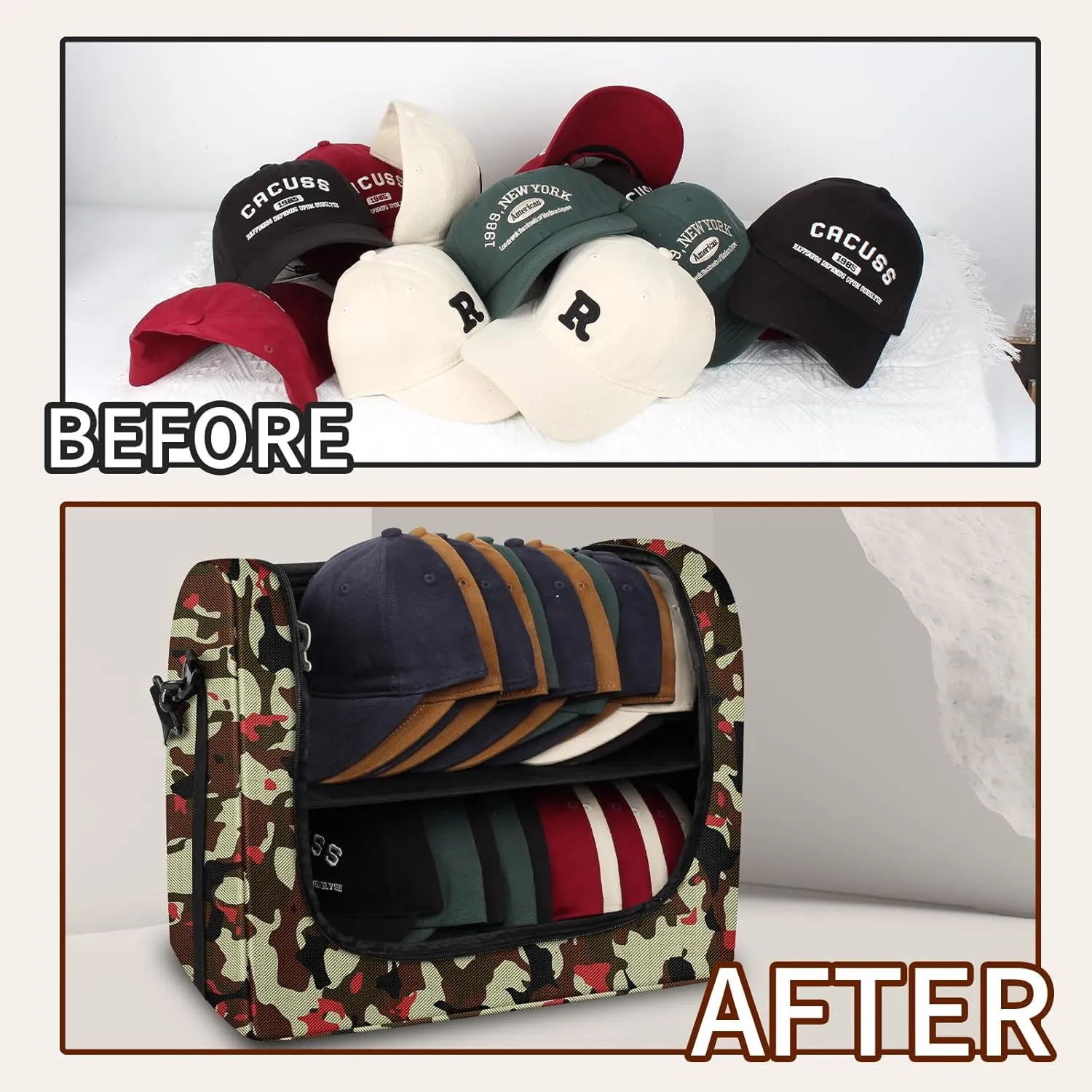 Baseball Cap Organizer Carrier, Hat Bag for Travel and Moving, Cap Traveling Case for Men, Portable Hat Storage box holder for 26 Caps Perfect for Home & On-the-Go (Camo)