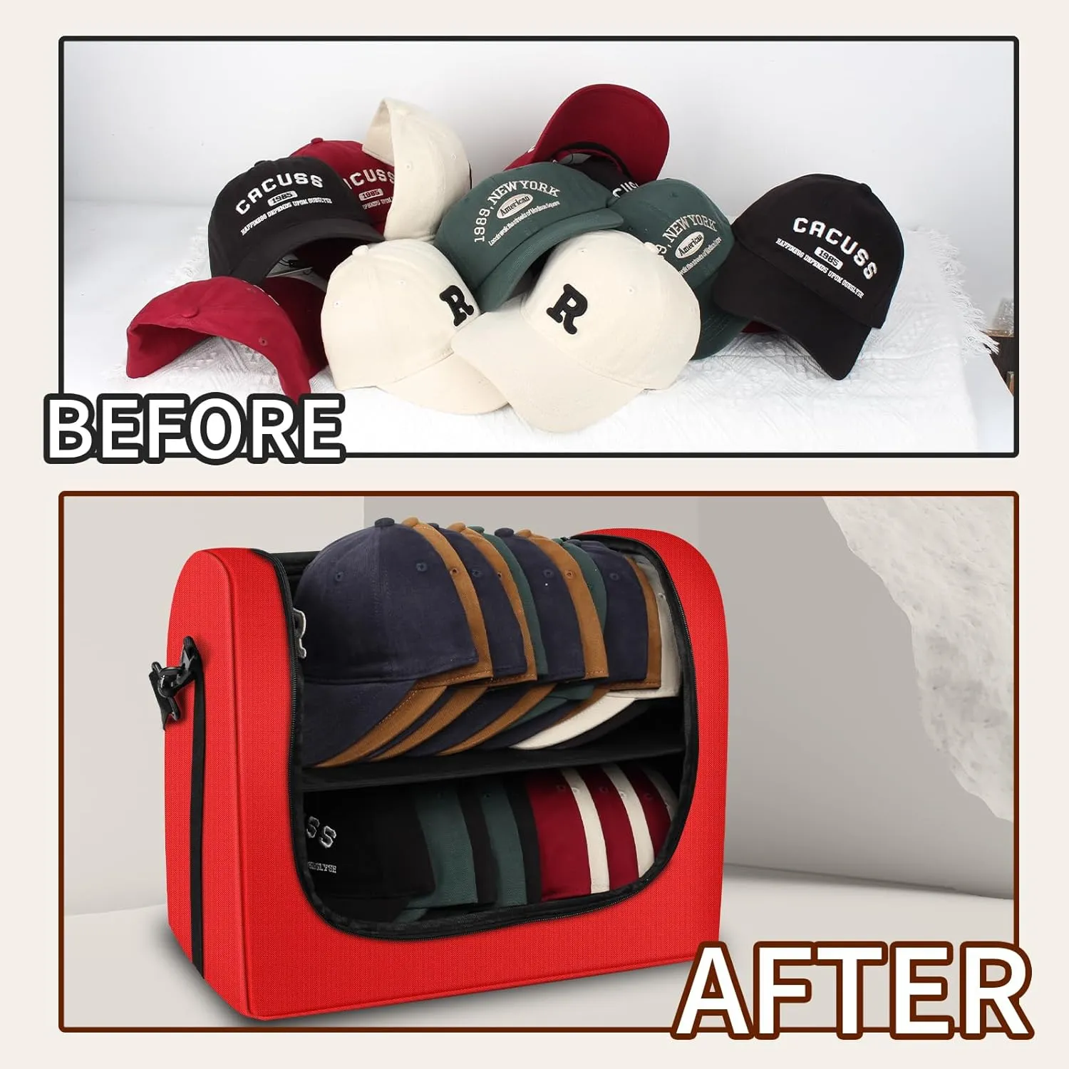 Baseball Cap Organizer Carrier, Hat Bag for Travel and Moving, Cap Traveling Case for Men, Portable Hat Storage box holder for 26 Caps Perfect for Home & On-the-Go (Red)