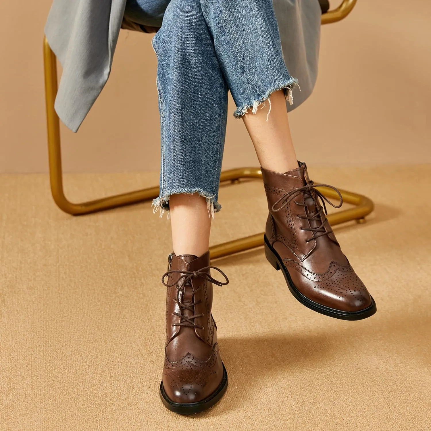 BEAU TODAY Combat Boots Womens Fall Shoes Winter Leather Ankle Boots for Women Oxfords Dressy Lace Up Wingtip Brogue Short Booties