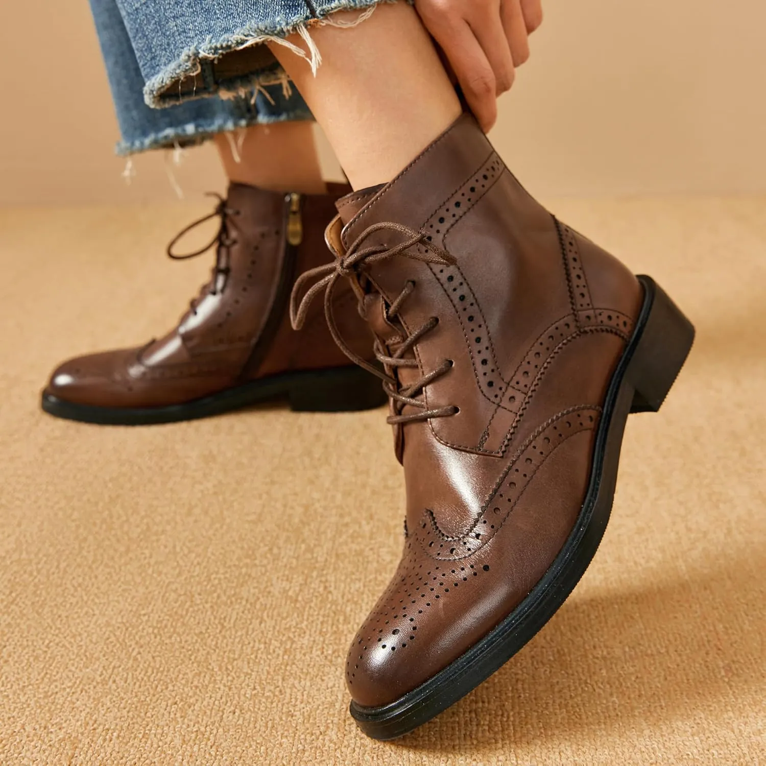 BEAU TODAY Combat Boots Womens Fall Shoes Winter Leather Ankle Boots for Women Oxfords Dressy Lace Up Wingtip Brogue Short Booties