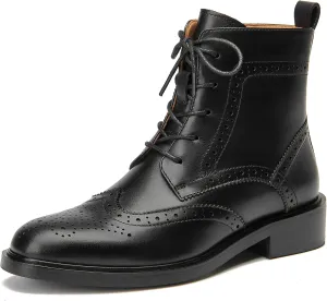 BEAU TODAY Combat Boots Womens Fall Shoes Winter Leather Ankle Boots for Women Oxfords Dressy Lace Up Wingtip Brogue Short Booties