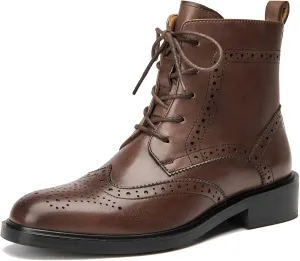 BEAU TODAY Combat Boots Womens Fall Shoes Winter Leather Ankle Boots for Women Oxfords Dressy Lace Up Wingtip Brogue Short Booties