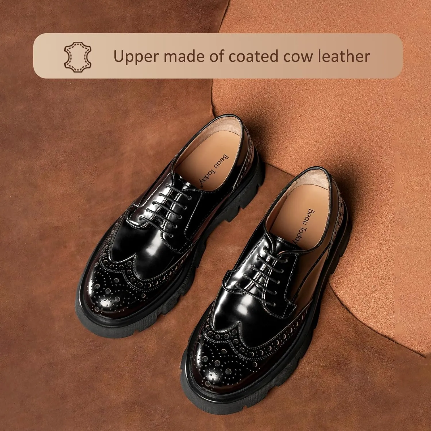 BEAU TODAY Men's Dress Shoes Business Casual Oxford Shoes Genuine Leather Brogue Wingtip Oxfords Classic Comfortable Lace-up Derby Shoes
