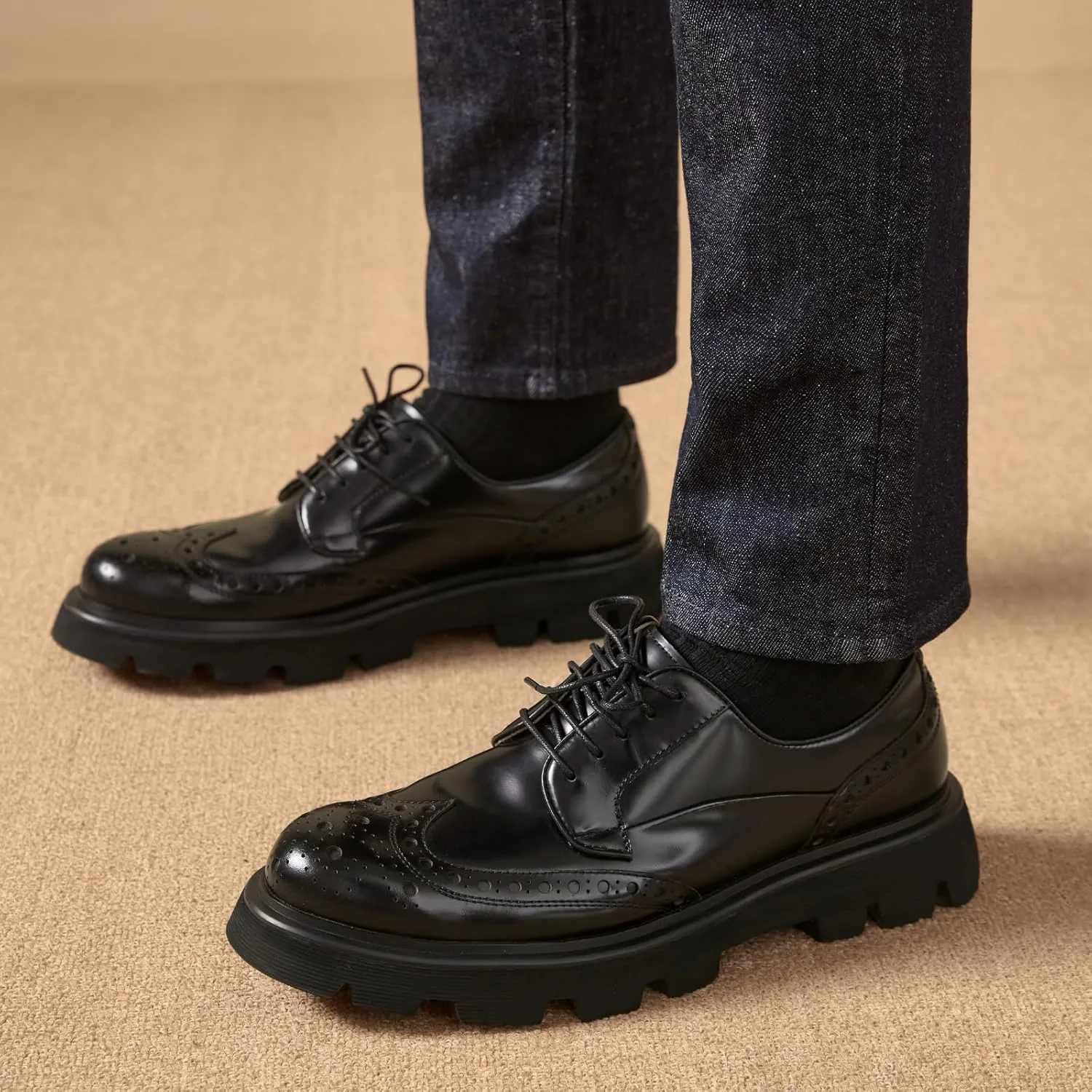BEAU TODAY Men's Dress Shoes Business Casual Oxford Shoes Genuine Leather Brogue Wingtip Oxfords Classic Comfortable Lace-up Derby Shoes