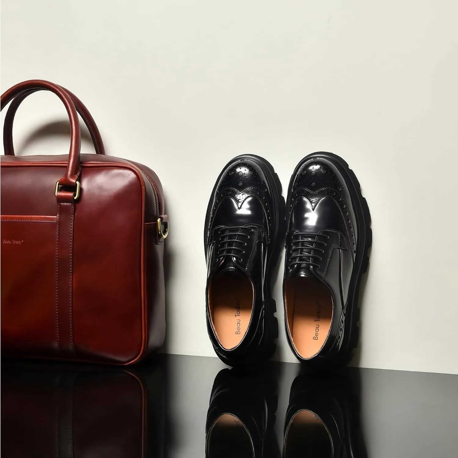 BEAU TODAY Men's Dress Shoes Business Casual Oxford Shoes Genuine Leather Brogue Wingtip Oxfords Classic Comfortable Lace-up Derby Shoes