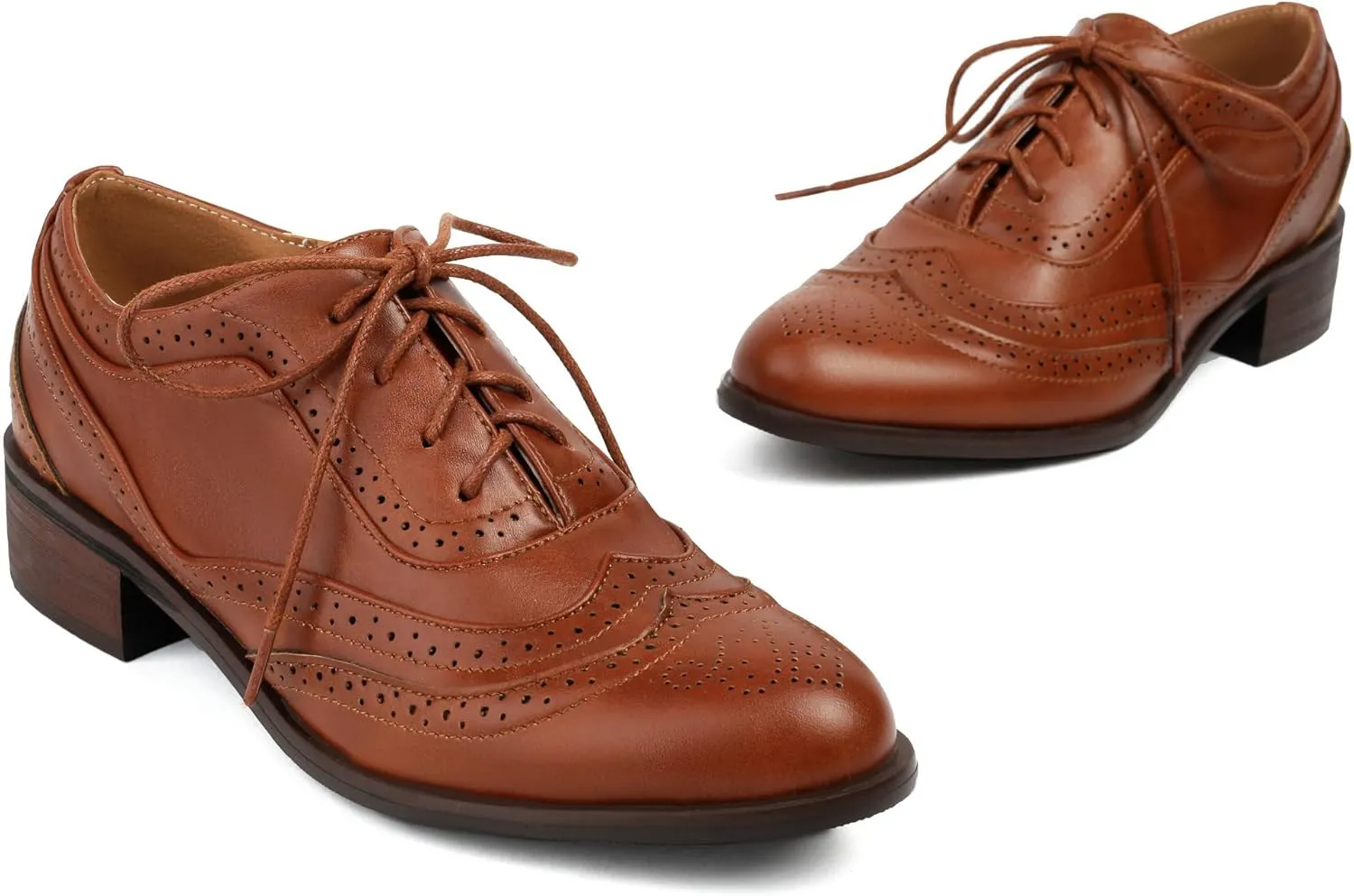 Betastella Womens Vintage Lace Up Wingtip Oxfords Brogue Oxford Shoes Chunky Low Heel Round Toe Pumps Shoes